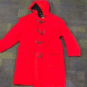 Gloverall hooded Duffle Coat. Womens large. Red with green plaid lining.